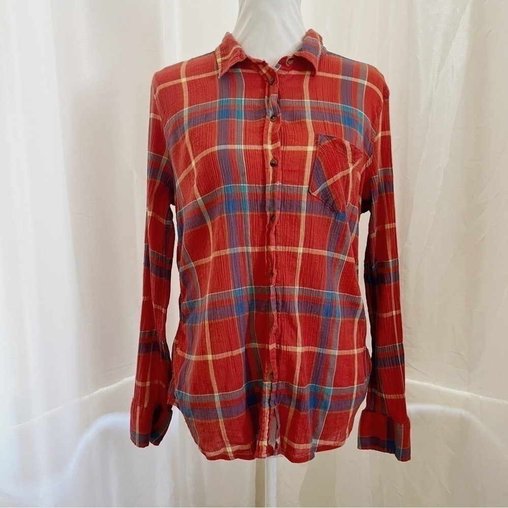 Merona Button Down Shirt Large Red Plaid Cotton Long Sleeve Textured Top